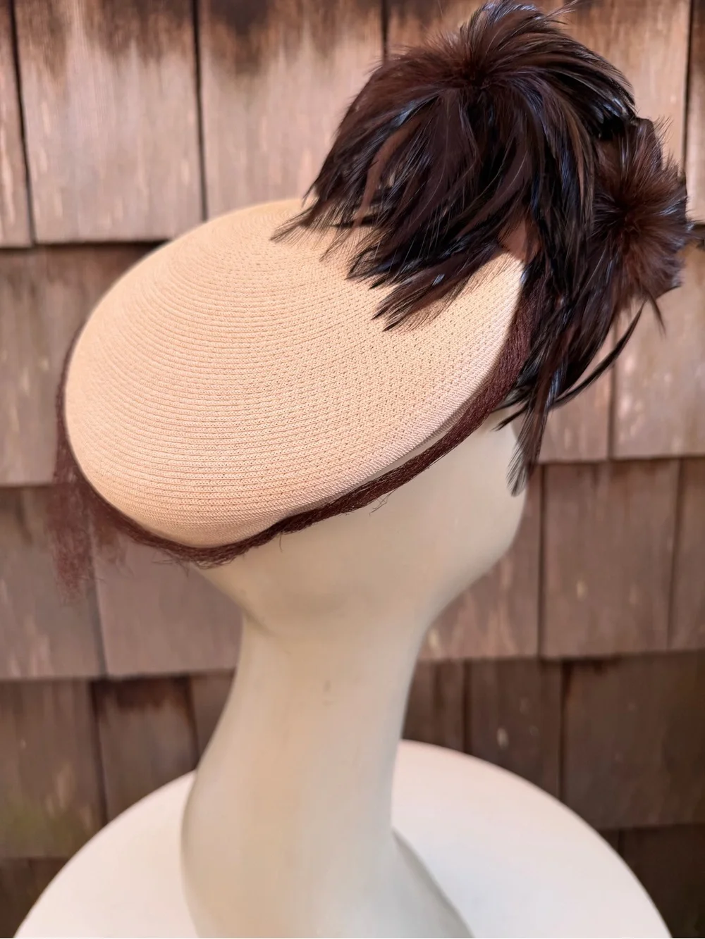 Vintage faux straw beige pillbox hat bows & brown feathers accent tassels 21.5”.